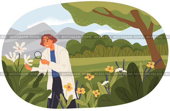 Woman exploring nature, analyzing plants. Researcher looking at flower with loupe. Environmental and ecology research. Scientist conducts ecological experiment. Explorer works in forest or park. Woman exploring nature, analyzing plants. Scientist conducts ecological research in forest or park. Стоковая иллюстрация, агентство Ingram Publishing / Фотобанк Лори