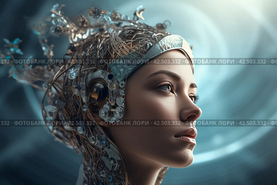 Woman futuristic inventive headwear helmet. Generate ai. Стоковое AI-изображение, AI-художник Иван Рябоконь / Фотобанк Лори