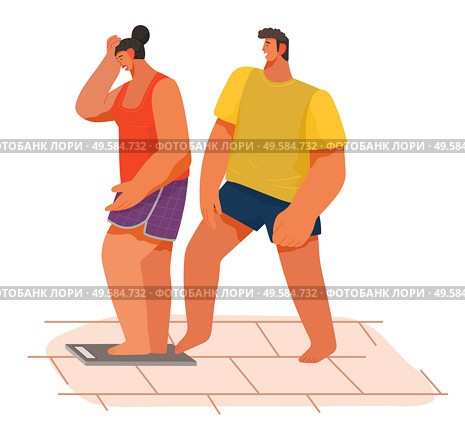 Woman getting on the scales and upset while man putting leg on balance for joking. Smiling boy standing behind of girl on weigher. Life of young couple and humor of male with weight of female vector. Female on Scales Joke of Man Putting Leg Vector. Стоковая иллюстрация, агентство Ingram Publishing / Фотобанк Лори