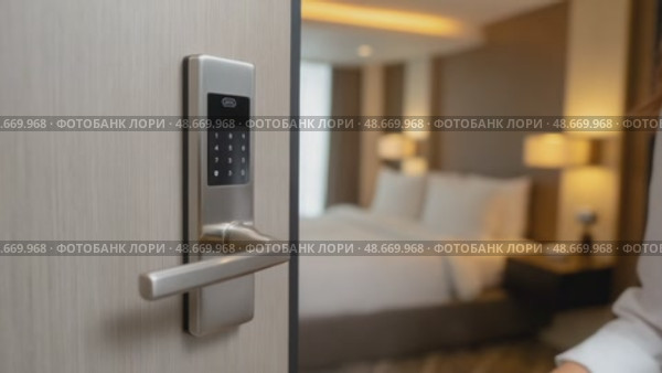 Woman guest entering hotel room using electronic keypad. Стоковое AI-видео, аниматор Юрий Поздников / Фотобанк Лори