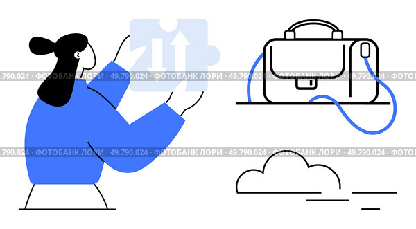 Woman holding a puzzle piece with bidirectional arrows, a briefcase on a table, and a cloud. Ideal for work organization, problem-solving, teamwork, freelance, remote work, cloud computing, digital. Woman holding puzzle piece with bidirectional arrows, accompanied by a briefcase and cloud. Стоковая иллюстрация, агентство Ingram Publishing / Фотобанк Лори