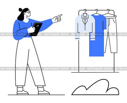 Woman holding a tablet and pointing at clothes on a rack, including a jacket, dress, and pants. Ideal for fashion advice, retail, personal shopping, style tips, online stores wardrobe planning. Fashion Consultant Suggesting Outfit While Holding Tablet and Pointing Towards Clothing Rack. Стоковая иллюстрация, агентство Ingram Publishing / Фотобанк Лори