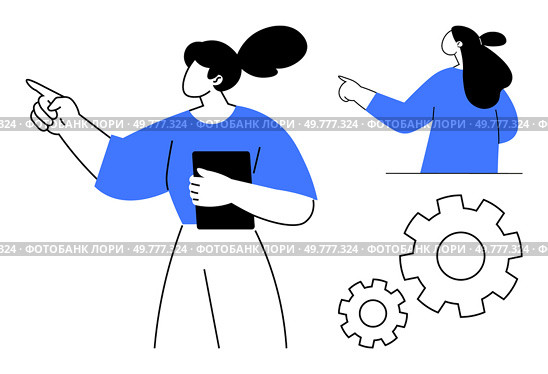Woman holding a tablet points forward, another points right, with gears below. Ideal for business presentations, teamwork focuses, technology concepts, leadership, educational purposes. Minimalist. Female Professional Pointing in Different Directions Holding a Tablet with Gears Nearby. Стоковая иллюстрация, агентство Ingram Publishing / Фотобанк Лори