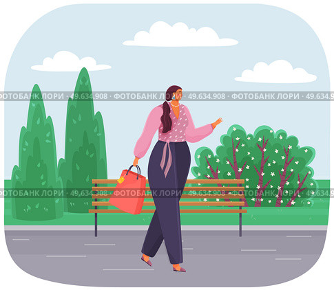 Woman holding paper bag goes shopping from store. Fat girl walking down street in city park summer day. Oversize lady with long dark hair is dressed in pants and blouse is strolling with purchases. Woman holding paper bag goes shopping from store. Fat girl walking down street in city park. Стоковая иллюстрация, агентство Ingram Publishing / Фотобанк Лори