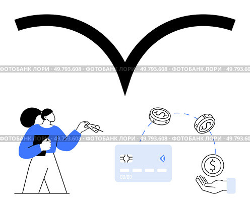 Woman holding tablet and pointing at graph, coins transferring between credit card and hand. Ideal for financial analysis, digital payments, online banking, mobile transactions, economic growth. Woman Analyzing Financial Data as Money Transfers between Cards and Hand Below wireless Symbol. Стоковая иллюстрация, агентство Ingram Publishing / Фотобанк Лори