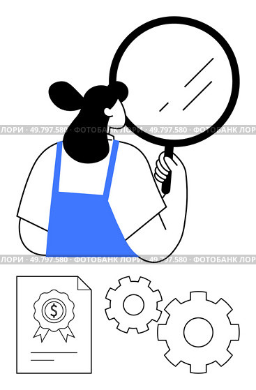 Woman holds magnifying glass, examining closely. Nearby are a document with a badge and two gears. Ideal for quality assurance, certification, inspection, diligence, process evaluation, analysis. Woman examining with magnifying glass, document with badge, and gears representing quality control. Стоковая иллюстрация, агентство Ingram Publishing / Фотобанк Лори