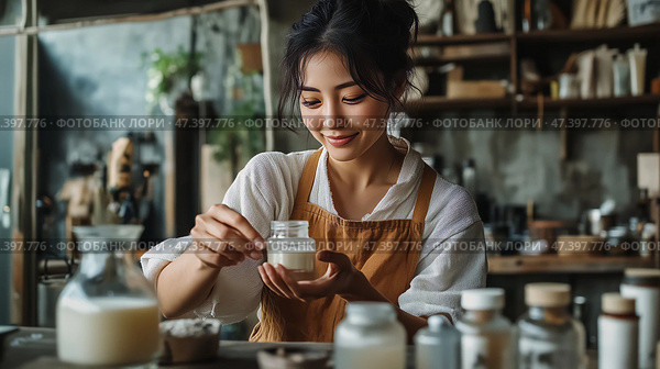 Woman in an apron crafting natural skincare products in a cozy workshop space. Стоковое AI-изображение, AI-художник Сергей Толмачёв / Фотобанк Лори