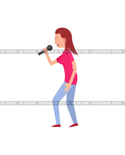 Woman in casual clothes singing song with microphone. Flat character, solo concert, side view of standing artist, musical performance of girl vector. Woman Solo Concert, Side View of Artist Vector. Стоковая иллюстрация, агентство Ingram Publishing / Фотобанк Лори