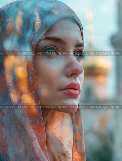 Woman in headscarf gazes thoughtfully at historic architecture during sunset. двойная экспозиция. Женщина в цветастом платке стоит перед красивым историческим зданием, ее взгляд сосредоточен, а мягкий свет заката отбрасывает теплый отблеск на ее лицо и окружающее пространство. Стоковое AI-изображение, AI-художник Katsiaryna Repich / Фотобанк Лори