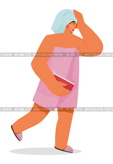 Woman in hurry running from bathroom. Female character wrapped in towel late for work. Lady holding bag with cosmetics. Girl with wet hair rushing from shower. Vector in flat style illustration. Female Character with Wet Hair in Towel on Head. Стоковая иллюстрация, агентство Ingram Publishing / Фотобанк Лори