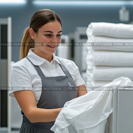 Woman in uniform with grey apron folding clean white linen. She is smiling, focused on her work and looks happy. Stacks of neatly folded linen are visible in the background. The photo is suitable for use in the context of professional cleaning services, laundries, hotel service and textile hygiene. Стоковое AI-изображение, AI-художник Анна Кривицкая / Фотобанк Лори