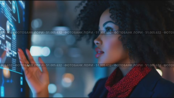 Woman interacts with digital interface in modern workspace at night. Стоковое AI-видео, аниматор Сергей Толмачёв / Фотобанк Лори