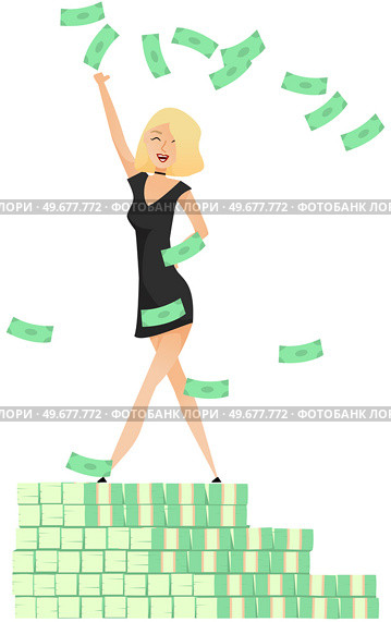 Woman is showing a lot of money. Cash is falling on background. Happy girl stands on bundles of banknotes. rich, successful businesswoman rejoices in rain of cash. Bunch of finance, millionaire. Woman is showing a lot of money. Banknotes is falling on background. Rich, successful girl. Стоковая иллюстрация, агентство Ingram Publishing / Фотобанк Лори
