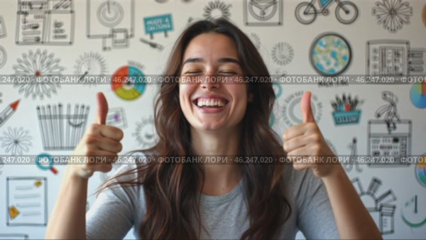 Woman is smiling and giving thumbs up in front of a wall with various drawings. Стоковое AI-видео, аниматор Sergey Grishin / Фотобанк Лори