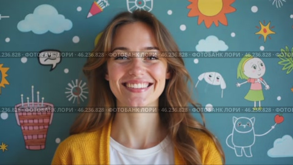 Woman is smiling in front of a wall with a lot of drawings on it. Стоковое AI-видео, аниматор Sergey Grishin / Фотобанк Лори