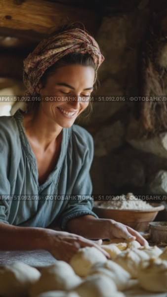 Woman joyfully prepares dough in rustic kitchen, showcasing traditional baking techniques and culture. Стоковое AI-видео, аниматор Сергей Толмачёв / Фотобанк Лори