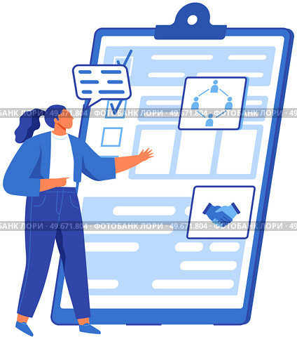 Woman looking at checklist with results of social surveys, customer data. Lady talking next to clipboard with document. Person working with task done list and check mark ticks on paper sheet. Woman looking at checklist with results of social surveys. Lady talking next to clipboard with data. Стоковая иллюстрация, агентство Ingram Publishing / Фотобанк Лори