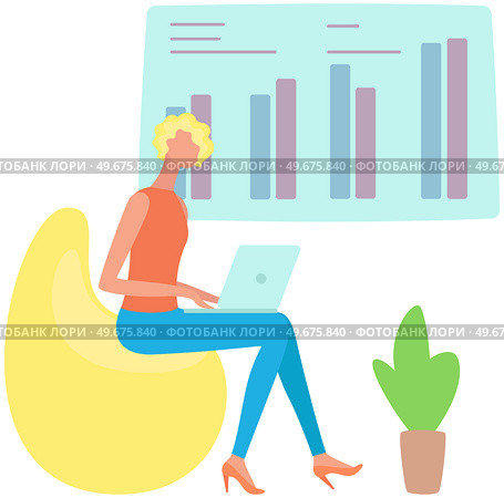 Woman looking at statistics diagram. Businesswoman analysing report with statistical indicators. Girl examines results of analysis. Personal investment, finance, funding, capital accumulation concept. Woman analysing report with statistical indicators. Lady examines results of investment analysis. Стоковая иллюстрация, агентство Ingram Publishing / Фотобанк Лори