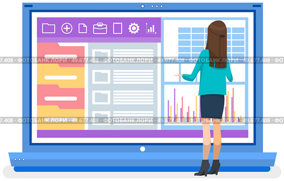 Woman looking at statistics diagram. Businesswoman analysing report with statistical indicators. Girl examines results of analysis. Personal investment, finance, funding, capital accumulation concept. Woman analysing report with statistical indicators. Lady examines results of investment analysis. Стоковая иллюстрация, агентство Ingram Publishing / Фотобанк Лори
