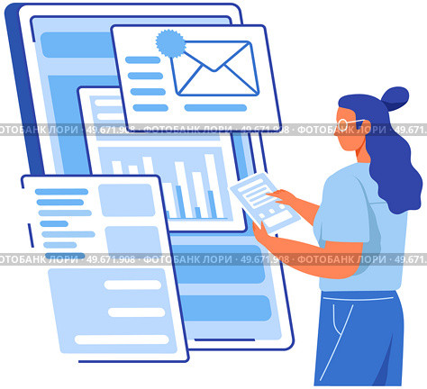 Woman looks at email inbox, browses mail, studies analytics, reports and statistics. Lady analyzes statistical report, business information on digital document. Businesswoman works with online data. Woman looks at email inbox, browses mail, studies analytics, reports and statistics document. Стоковая иллюстрация, агентство Ingram Publishing / Фотобанк Лори