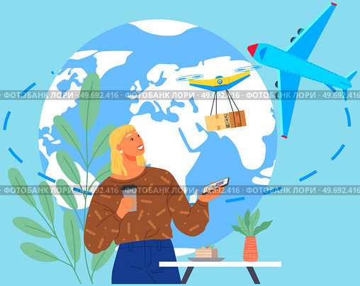 Woman making online order and flying quadcopter delivering package. Drone delivery service, technology in parcel shipment, worldwide transportation. Lady orders goods with smartphone application. Woman making online order. Drone delivery service, innovative technology in parcel shipment. Стоковая иллюстрация, агентство Ingram Publishing / Фотобанк Лори