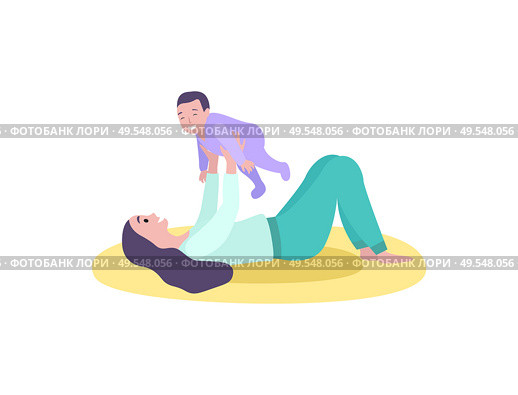 Woman playing with kid vector, mother and son flat style. Person laying on mat with kiddo wearing bodysuit, happy female holding baby laughing toddler. Mother Playing with Son, Childhood and Motherhood. Стоковая иллюстрация, агентство Ingram Publishing / Фотобанк Лори