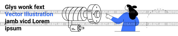 Woman pointing at mechanical component, highlighting design elements. Ideal for engineering tutorials, educational content, technical manuals, workshops, industry training, technology blogs. Engineer Explaining Mechanical Component Design for Technical Education and Training Materials. Стоковая иллюстрация, агентство Ingram Publishing / Фотобанк Лори