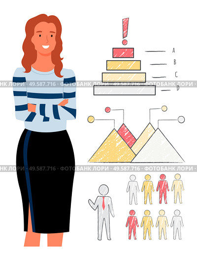 Woman presenting report about human resource management statistics, triangular graphs and charts showing growth. Vector business lady manager and analytics data. Woman Presenting Report About HR Management. Стоковая иллюстрация, агентство Ingram Publishing / Фотобанк Лори