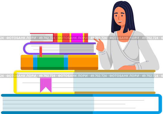 Woman reader sitting next to stack of textbooks vector illustration. Learning, self-teaching, education with books concept. Girl reading literature. Lady looking at stack of books with bookmarks. Woman reader sitting next to stack of textbooks. Girl reading educational literature, books. Стоковая иллюстрация, агентство Ingram Publishing / Фотобанк Лори