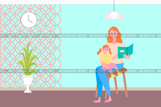 Woman reading to child, fairy tales time, flat style. Mother with daughter lectures, parental care and childcare home interior with plant and clock. Mother Reading Fairy Tales Child Daughter and Mom. Стоковая иллюстрация, агентство Ingram Publishing / Фотобанк Лори