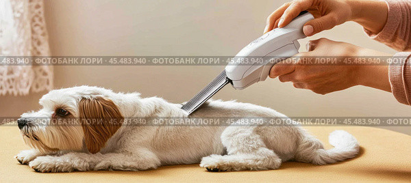 Woman removing ticks from dog using electronic tick remover device. Стоковое AI-изображение, AI-художник Юрий Поздников / Фотобанк Лори