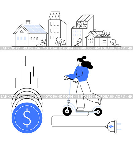 Woman riding electric scooter past energy-efficient buildings, multiple savings coin symbols, and a plug icon. Ideal for sustainability, urban transport, eco-friendly commuting, cost savings, future. Woman Riding Electric Scooter with Cityscape and Savings Symbols Showcasing Urban Mobility and Cost Efficiency. Стоковая иллюстрация, агентство Ingram Publishing / Фотобанк Лори