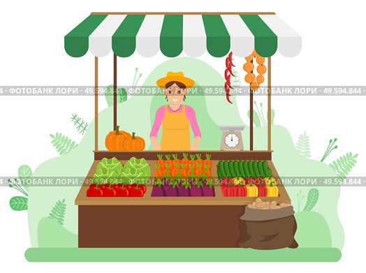 Woman selling vegetables in trading shop under canopy. Market or food trade. Cabbage, tomatoes, eggplant, carrots. Self-sufficiency. Attraction and accumulation of capital. Agriculture, harvesting. A woman sells vegetables in a vegetable shop at the market. Street trading. Farming and gardening. Стоковая иллюстрация, агентство Ingram Publishing / Фотобанк Лори