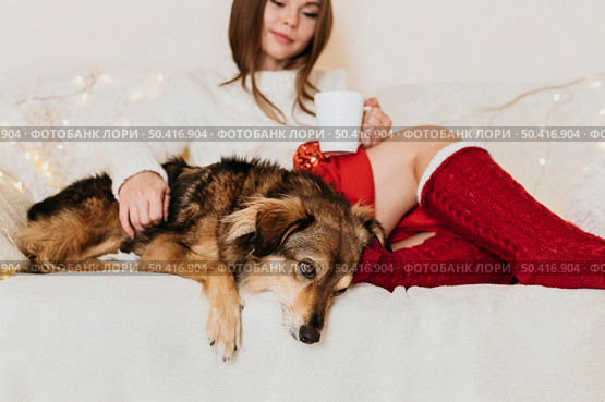 woman sitting her dog home. Стоковое фото, агентство Ingram Publishing / Фотобанк Лори