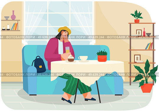 Woman sitting near table in cafe, coffee house. Lady tasting drinks, fresh food in restaurant. Female character in catering establishment with food and drinks on table. Eating in restaurant, cafe. Woman sitting near table with food and drinks in cafe, coffee house. Eating in restaurant concept. Стоковая иллюстрация, агентство Ingram Publishing / Фотобанк Лори