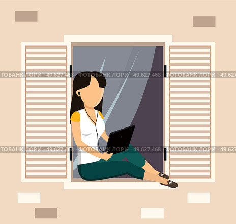 Woman sitting with a laptop on the windowsill near an open window and correspondence surfing the Internet. Female character relaxed, converse through network. Social media communication, freelance. Woman sitting with laptop on the windowsill near an open window and correspondence surfing Internet. Стоковая иллюстрация, агентство Ingram Publishing / Фотобанк Лори