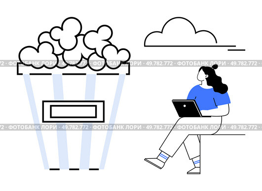 Woman sitting with laptop beside oversized popcorn bucket underneath a cloud. Ideal for entertainment, movie nights, work-life balance, remote work, leisure, productivity, and lifestyle content. Line. Person with laptop sitting next to large popcorn bucket under a cloud in minimalistic style. Стоковая иллюстрация, агентство Ingram Publishing / Фотобанк Лори