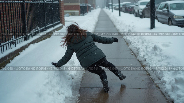Woman Slips on Icy Sidewalk in Winter, Arms Flailing, Snow Everywhere-highlighting Winter Safety and Urban Design. Стоковое AI-изображение, AI-художник Sergey Grishin / Фотобанк Лори