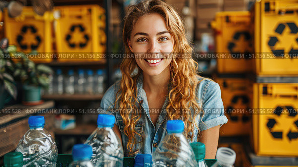 Woman sorting plastic bottles for recycling at processing warehouse. Attractive eco-conscious girl reusing materials and placing empty plastic bottles into recycling box. Net zero waste concept. Стоковое AI-изображение, AI-художник Ирина Михайличенко / Фотобанк Лори