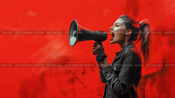 Woman Speaking Through a Megaphone Against a Bold Red Background Expressing Empowerment and Activism. Стоковое AI-изображение, AI-художник Юлия Гапеенко / Фотобанк Лори