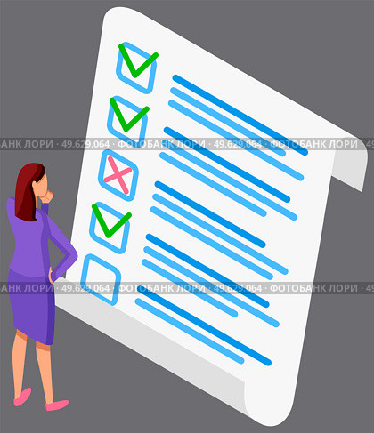 Woman studying questionnaire. Female character checks and grades test. Online business survey concept. Businesswoman standing near big checklist and summarizing results. Girl studies form with answers. Businesswoman standing near big checklist and summarizing results. Online business survey concept. Стоковая иллюстрация, агентство Ingram Publishing / Фотобанк Лори