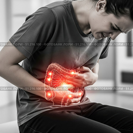 Woman suffering from severe stomach ache with red glowing intestines illustration, person having digestive problems, abdominal pain or period cramps concept. Стоковое AI-изображение, AI-художник Павел Муравьев / Фотобанк Лори
