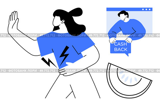 Woman turning away with an outstretched hand suggesting rejection part of her shirt depicting a lightning bolt symbol, a man in a web window holding a sign saying cash back and a slice of citrus. Woman Rejecting Cashback Offer from Online Advertisement and Turning Away Quickly. Стоковая иллюстрация, агентство Ingram Publishing / Фотобанк Лори
