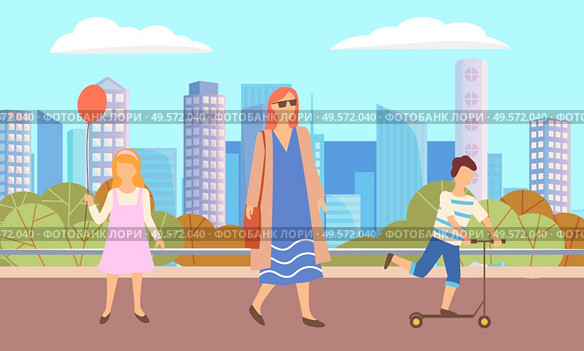 Woman walking in city park. Girl with red balloon stand on street. Boy riding scooter on asphalted road. Lady in dress and cardigan. Beautiful landscape on background. Vector illustration flat style. Lady and Girl with Balloon, Boy on Scooter in Park. Стоковая иллюстрация, агентство Ingram Publishing / Фотобанк Лори