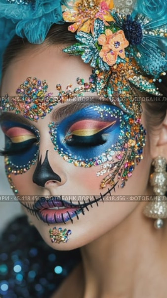 Woman wearing calavera makeup for day of the dead celebration. Стоковое AI-видео, аниматор Юрий Поздников / Фотобанк Лори