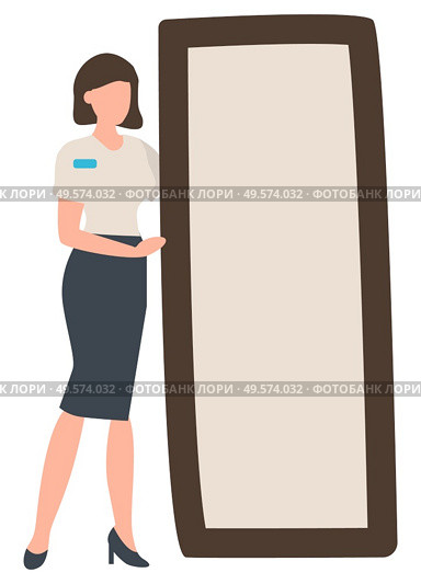 Woman wearing formal uniform standing by big mirror vector, isolated female character working in shop. Store to buy clothes changing room flat style. Fashion Advisor Standing by Mirror Shopping Store. Стоковая иллюстрация, агентство Ingram Publishing / Фотобанк Лори