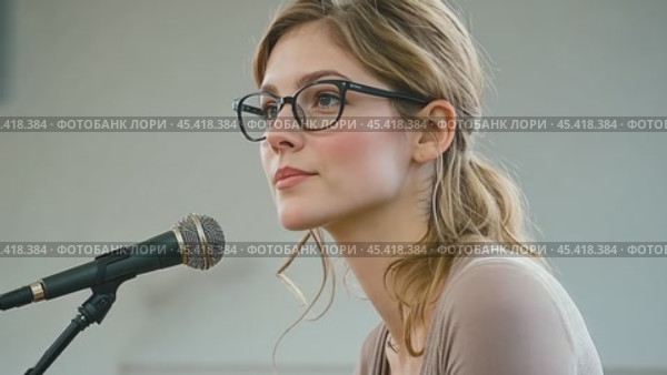 Woman with a Microphone Speaking in Front of an Audience. Стоковое AI-видео, аниматор Юрий Поздников / Фотобанк Лори