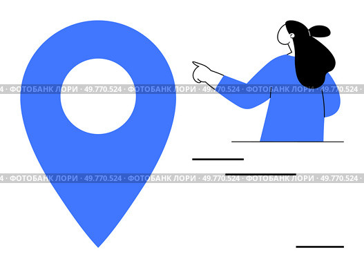 Woman with black hair pointing at a large blue location pin symbol. Ideal for navigation guidance, location-based services, user interface design, map applications, and travel-related marketing. Woman Pointing at Large Blue Location Pin. Стоковая иллюстрация, агентство Ingram Publishing / Фотобанк Лори