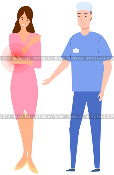 Woman with elbow pain is examined at hospital. Doctor communicate with patient to make diagnosis. Person complains to traumatologist about painful sensations in arm joint. Girl feeling pain in elbow. Female patient complaining to traumatologist about painful sensations in arm joint, pain in elbow. Стоковая иллюстрация, агентство Ingram Publishing / Фотобанк Лори