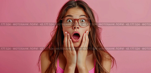 Woman With Glasses Making a Surprised Face. Стоковое AI-изображение, AI-художник Юлия Гапеенко / Фотобанк Лори